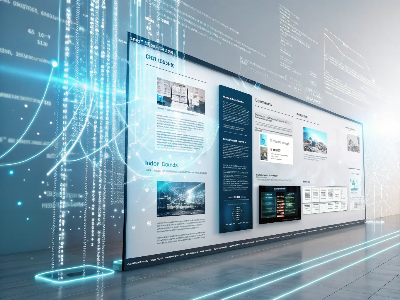 A digital illustration showcasing the Ling Ying AI creative generator interface with various design options and input fields, set against a deep space background with cyan and nebula purple accents.