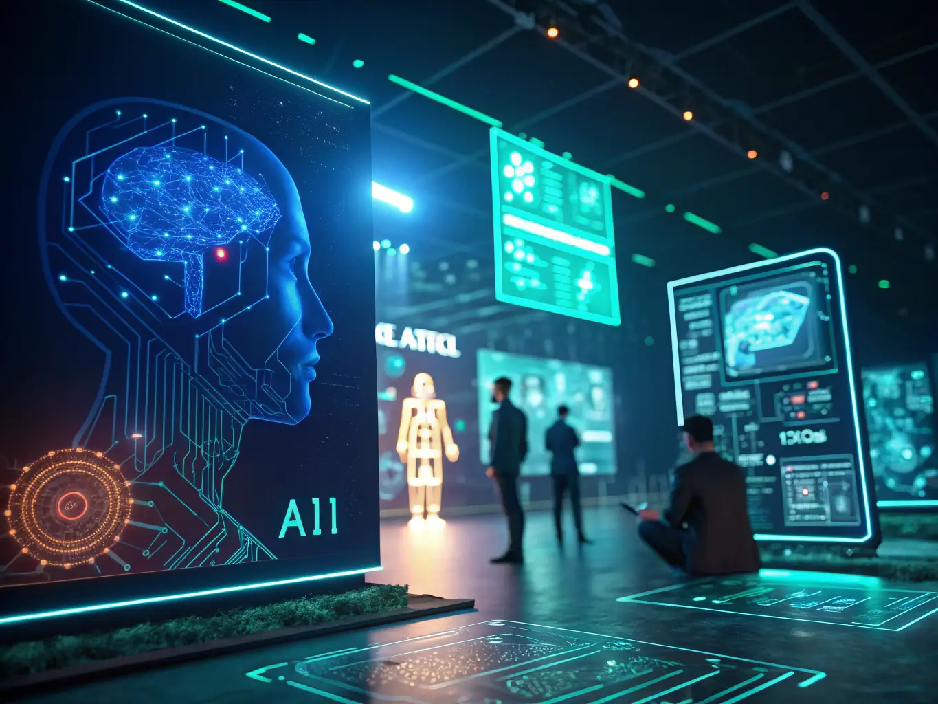 A futuristic interface displaying AI-generated art with a sleek, cyan and black color scheme, showcasing the AI's creative capabilities.